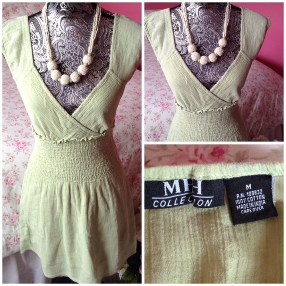 MIA Light Green Cotton Smocked Waist V‑Neck Dress
